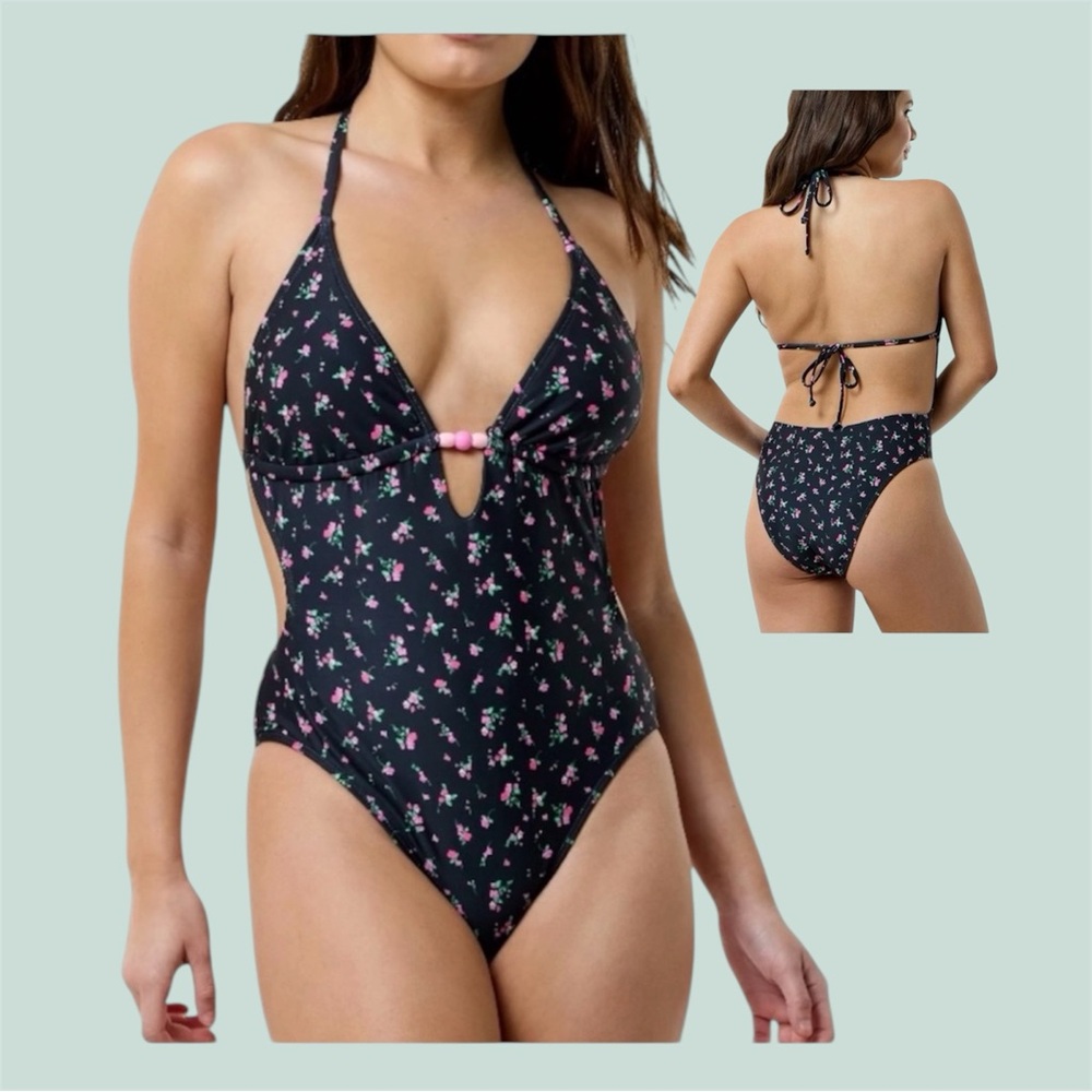 No Boundaries Women’s Wild Flower Plunging Keyhole 1-Piece Swimsuit Size M 8-10